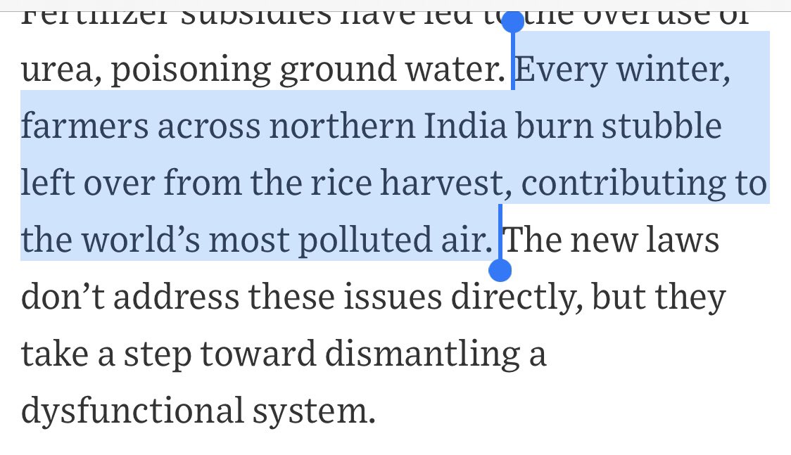 This is incorrect. After the paddy crop is harvested, the areas are brought under wheat cultivation if the farmer has the means to. Why is this even important? Because of TIMING. This also brings me to the second issue I have with the piece. Stubble burning.