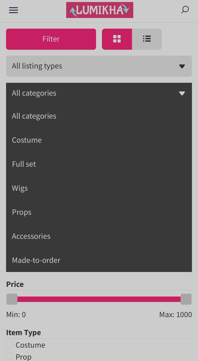there are a lot of options to look for costumes. You can search by size, colours etc but also if you want something self-made or bought.
