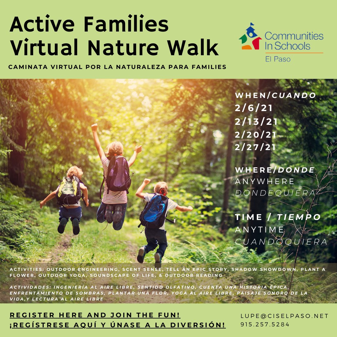 CIS_Wellbeing's tweet photo. For the month of February CIS El Paso wants families to focus on staying active and healthy. Explore the outdoors safely and have fun! Join the virtual nature walk from the comfort of your home. Take pictures and share! #ActiveCISElPaso #MyHealthMatters

https://t.co/Mexvxh4Hp3 https://t.co/ncgogkQOE7