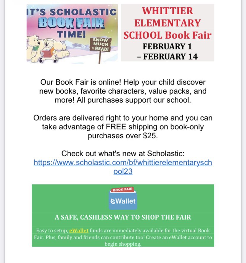 📚Come visit our Virtual Book Fair!! Click on the link below to check out new books for your child to explore. All purchases support Whittier School!📚             scholastic.com/bf/whittierele…
