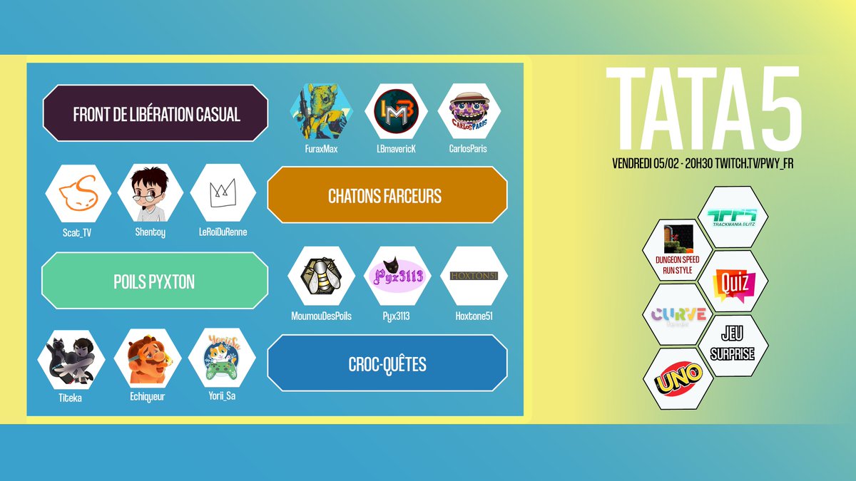 Ce soir 20H30, #TATA5, tournoi entre streamers ! Avec <a href="/LBmaverick/">LBmaverick</a> <a href="/SCat_Tv/">Scat</a> @SarahCLeroy <a href="/MoumouDesPoils/">MoumouDesPoils 🐝</a> <a href="/pyx3113/">Pyx3113</a> <a href="/TitekaLive/">Titeka</a> <a href="/Echiqueur/">Echiqueur</a> <a href="/yorii_sa/">YoriiSa</a> , en direct sur nos chaînes #twitch <a href="/PetitsStreams/">SoutienPetitsStreams</a> <a href="/TwitchFR/">Twitch FR</a> <a href="/Stream_Francais/">Stream Français</a>