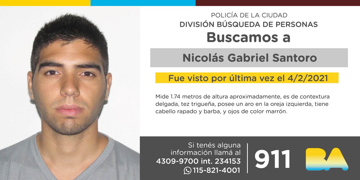 SeguridadBA's tweet photo. Estamos buscando a Nicolás Gabriel Santoro. Si tenés información llamá al 911. Compartí la imágen y #AyudanosAEncontrarlos.  @CronicaTV @C5N @A24COM @telefenoticias @canal26noticias @todonoticias @canal9oficial @TV_Publica https://t.co/BPvG74Ylur