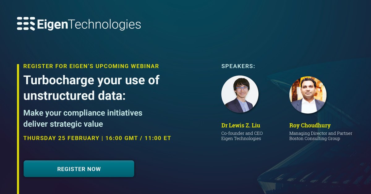 NEW #WEBINAR: TURBOCHARGE YOUR USE OF UNSTRUCTURED DATA: HOW TO DRIVE STRATEGIC VALUE THROUGH YOUR COMPLIANCE INITIATIVES Thu 25 Feb 2021 at 16.00 GMT / 11.00 EST Join our CEO @lewiszliu and Roy Choudhury, MD & Parter at @BCG. bit.ly/3twKRcj #DigitalTransformation