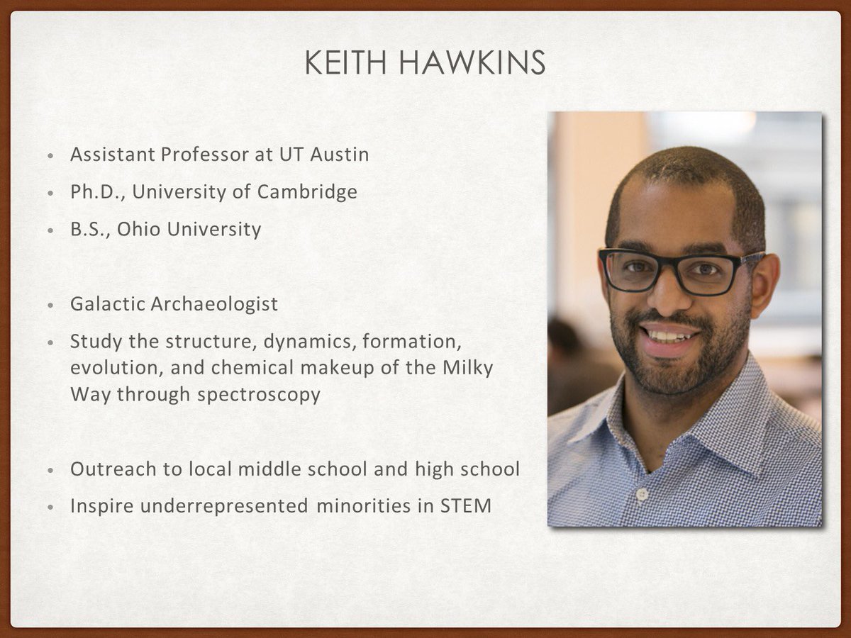 Prof Keith Hawkins  @AGalactichawk  @UTAustin studies the chemistry of space! But he also makes time to help undergrads (like our group member!) develop experimental outreach "modules" for elementary and middle school students!  #impact  http://www.as.utexas.edu/~khawkins/ 