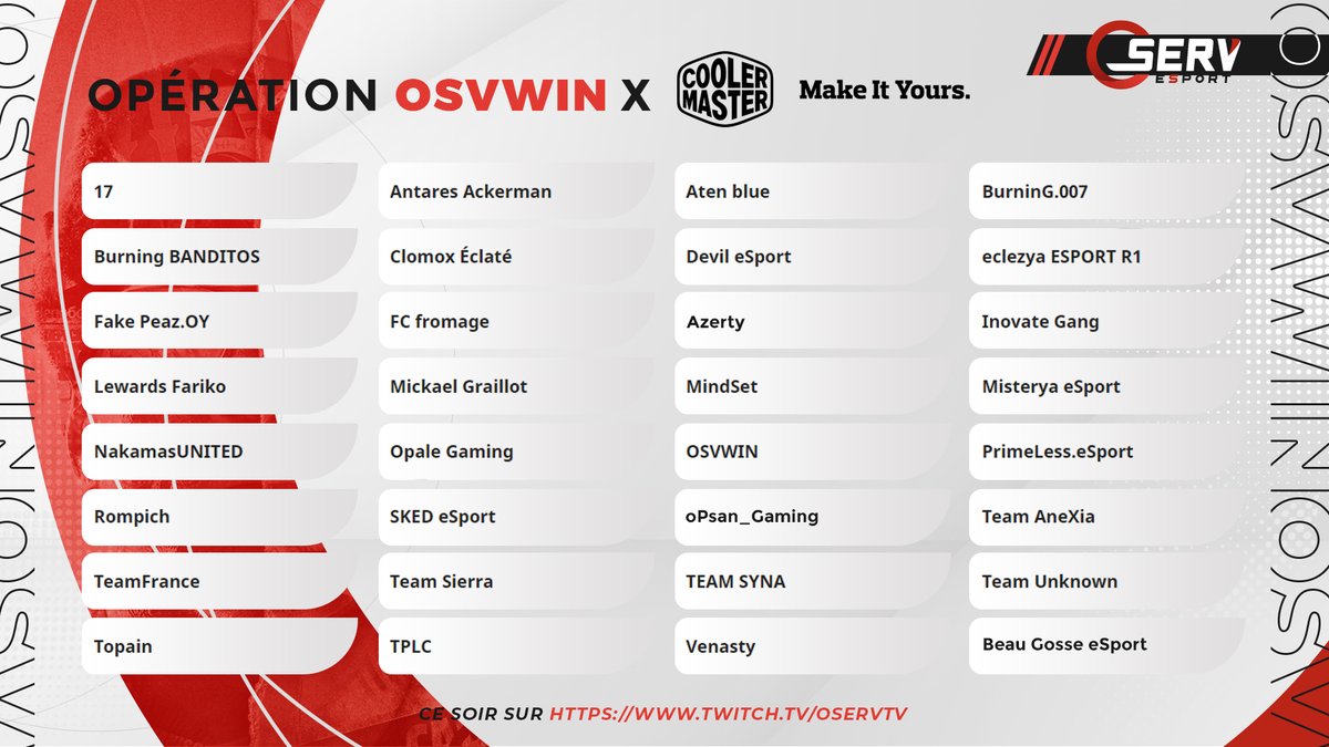 OservEsport's tweet image. Vous l'attendiez tous•tes, elle est là ! 😱
Voici la liste des participants de notre Opération #OSVWIN by @coolermasterfr sur #CODCW ! 👇

Alors, qui va gagner les 400€ ? 😏

Lancez vos pronostiques !
📺 RDV 20h45 sur twitch.tv/OservTV