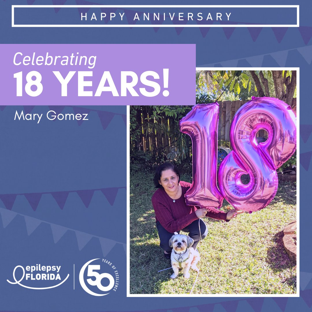 EpilepsyAFLA's tweet image. 🎉Happy anniversary to Mary! Celebrating 18 years with EFL! 
Thank you for all you do! 💜
#epilepsyflorida #employeeappreciation #vpofdevelopment #epilepsyadvocate #epilepsyally #anniversary