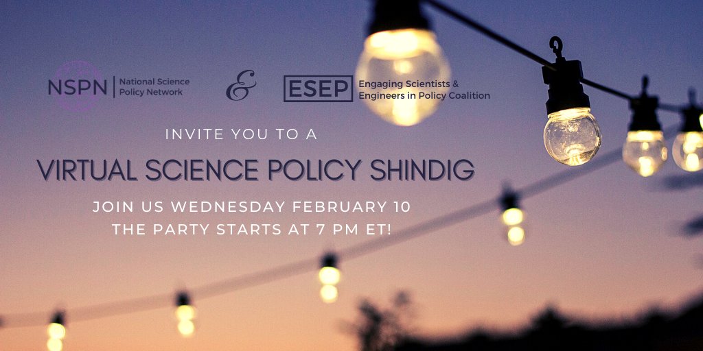 SciPolNetwork's tweet photo. Long day? Need a break? Want to network and connect with other #scipol policy enthusiasts and professionals? Then join the NSPN and @ESEPCoalition for a Science Policy Shindig (Happy Hour) on February 10th at 6:00 PM ET. 🥂🎉📅

Register today at https://t.co/vag17PB2Ae https://t.co/FK4HdO0HuA