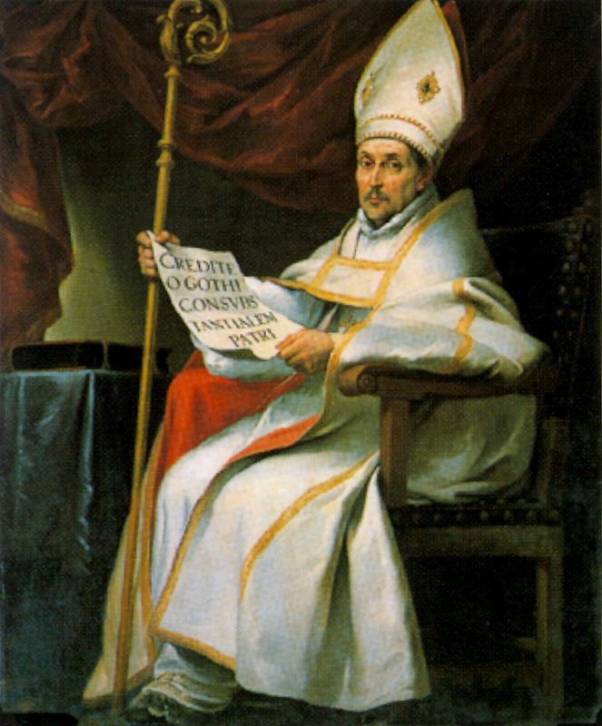 Saint Leandro, Archbishop of Visigothic Seville. He placed the image at a hermitage on the outskirts of town. During the Muslim invasion in 711, the Christians of that city deposited it in a box and hid it next to the Guadalupe River at the foothills of the Altamira Mts.