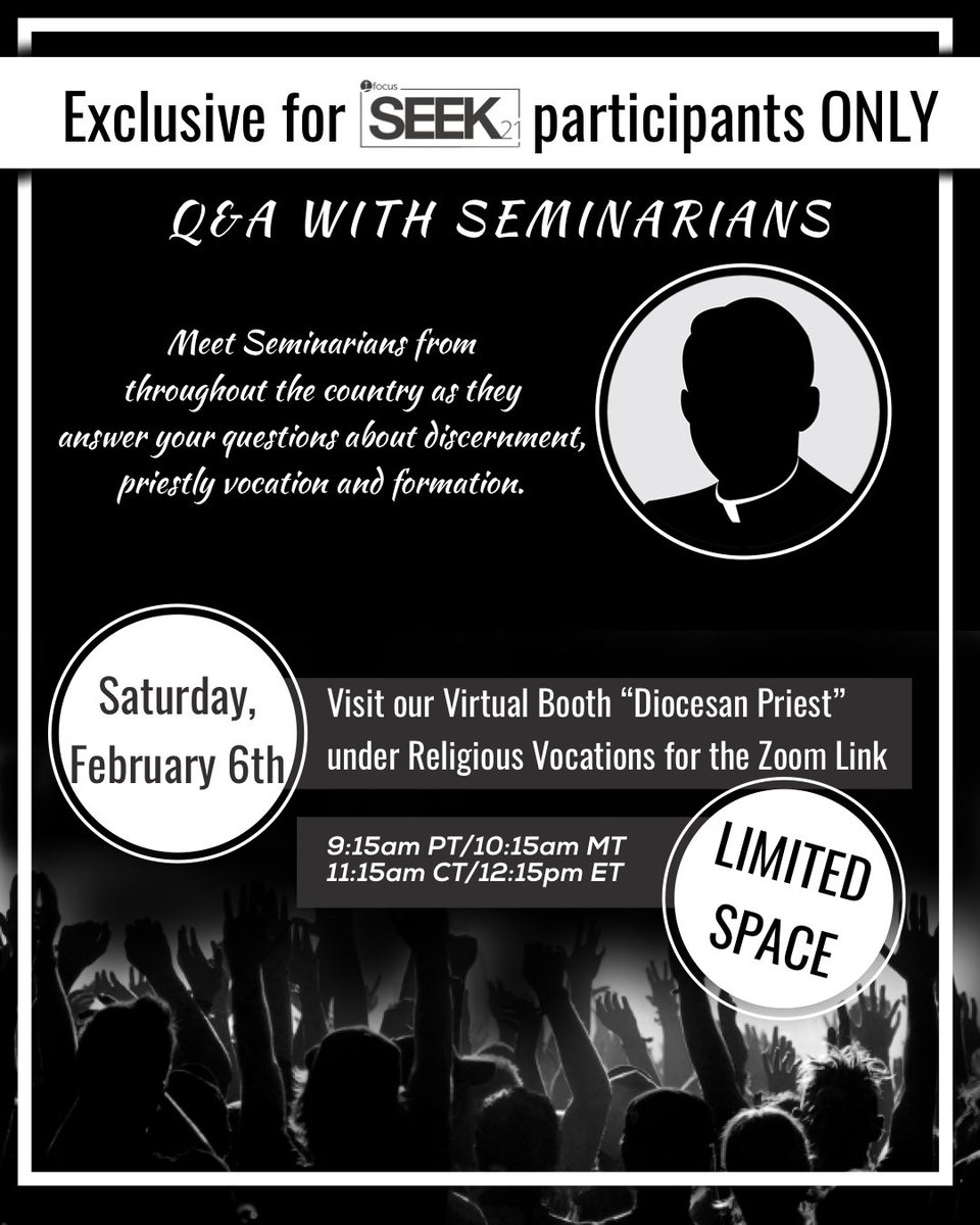 Are you a missionary attending SEEK21 - want to learn more about vocations? Then consider joining us tomorrow for a conversation with Seminarians from across the country, to talk about discernment&amp;vocations.

Find the link at DiocesanPriest in the MarketPlace.
#Thinkingpriesthood