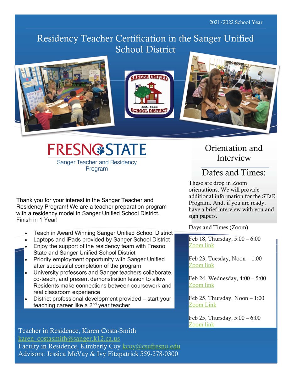 Are you interested in the Residency Teacher Certification in Sanger Unified? Take a look at the flyer below.