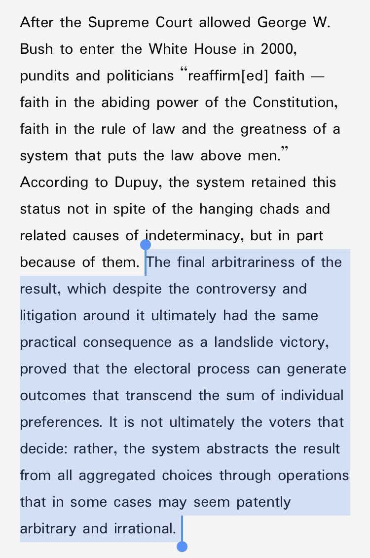 My central claim there, based on JP Dupuy’s analysis of the 2000 election, is that the arbitrariness and randomness generated by the conjunction of endless, uncertain factors is what enables the system to “generate transcendence.”/5