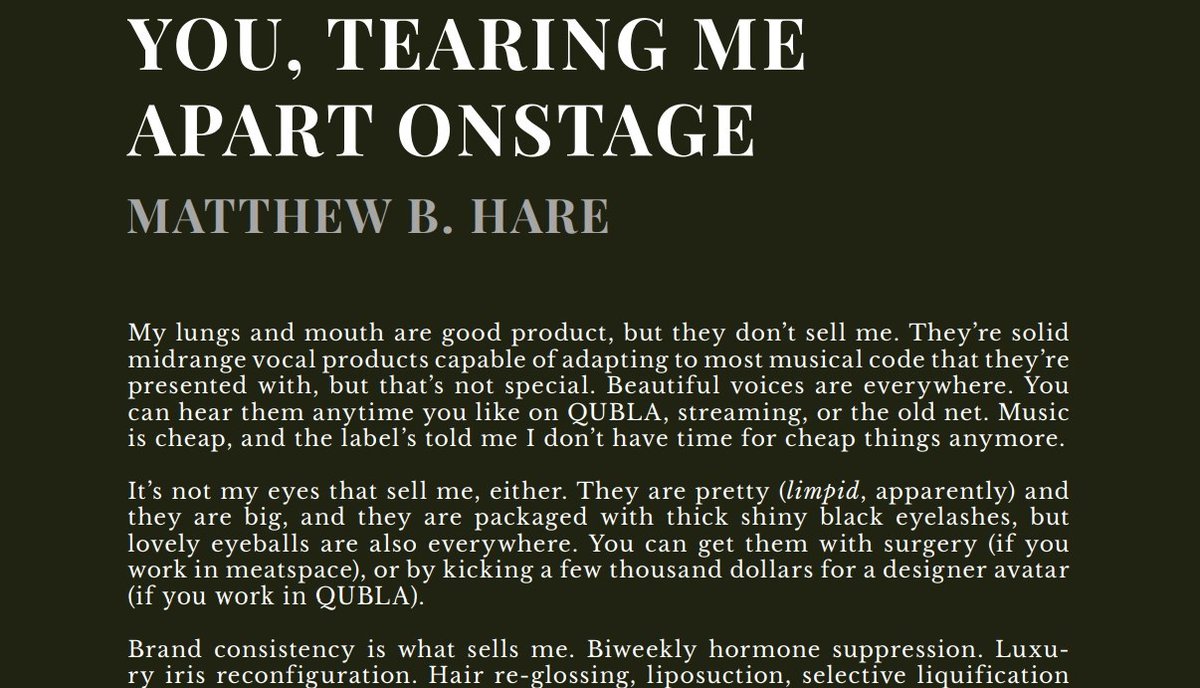 Next, let's check out the opening to "You, Tearing Me Apart Onstage" by  @MatthewBHare in  https://www.fusionfragment.com/issue-4/&nbsp;. (And btw, don't undersell the impact of having an interesting title like this one, because it definitely played a part.) 8/