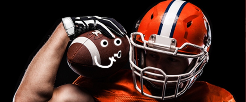 A football player holding a football with a face on their shoulder. The football is whispering: we need to go for a safety.