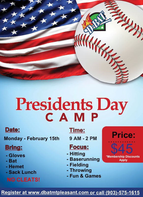 Presidents Day Camp is getting closer. Register online at dbatmtpleasant.com or give us a call at (903) 575-1615!! #dbatmp #baseball #softball