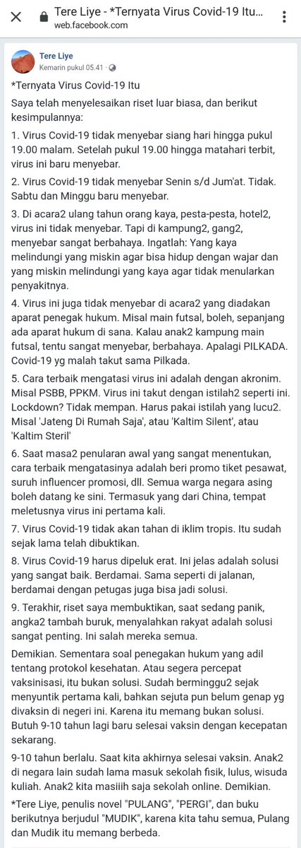 RieGucciano's tweet photo. Ketika sang penulis mampu menyimpulkan yang terkait dengan Covid dan penangganannya

Tere Liye https://t.co/agnZ1asGFe