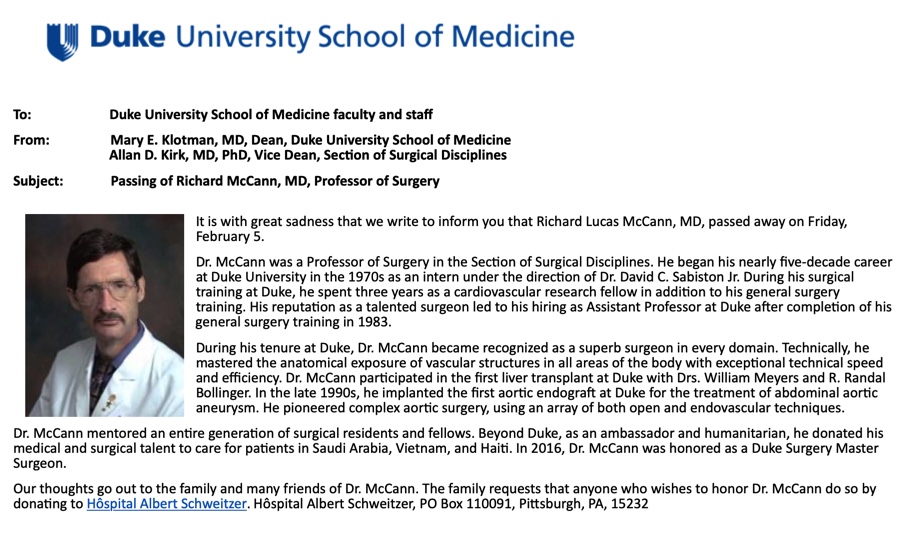 Duke Aorta mourns the loss of Dr. Richard L. McCann, one of the founding fathers of the aortic surgery program at Duke

Dr. McCann taught a generation of Duke residents how to sew &amp; our condolences go out to all who were fortunate enough to know him
<a href="/DukeSurgery/">Duke Surgery</a> <a href="/DukeHeartCenter/">Duke Heart</a>