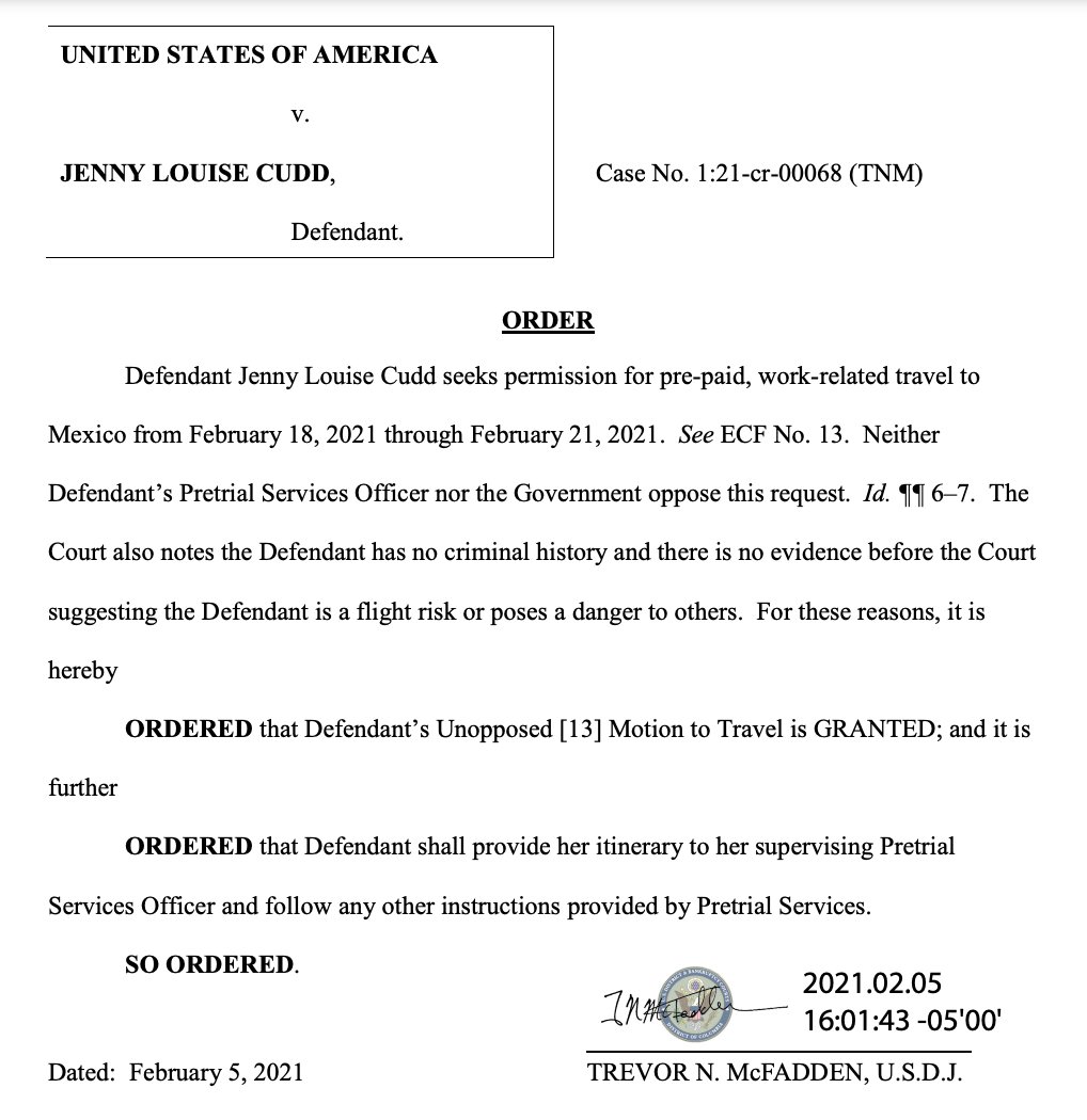 And here it is: Capitol insurrection defendant Jenny Cudd *can* go to Mexico for a prepaid "work-related bonding retreat," a judge ruled https://www.buzzfeednews.com/article/zoetillman/judge-capitol-rioter-jenny-cudd-mexico-trip-granted