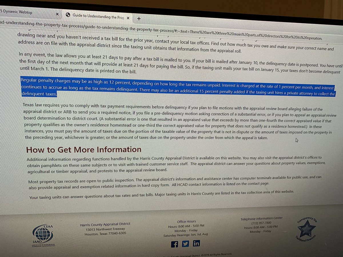 apfleming's tweet photo. @HCAD_Info Hi HCAD, I think there may be an issue in the calculation of late fees in your property tax system. I unintentionally paid 4 days late, and was charged 7% on the balance, which is >600% APR!  Your website indicates this should be no more than 1% per month. Please help? https://t.co/URGxq3hDdk