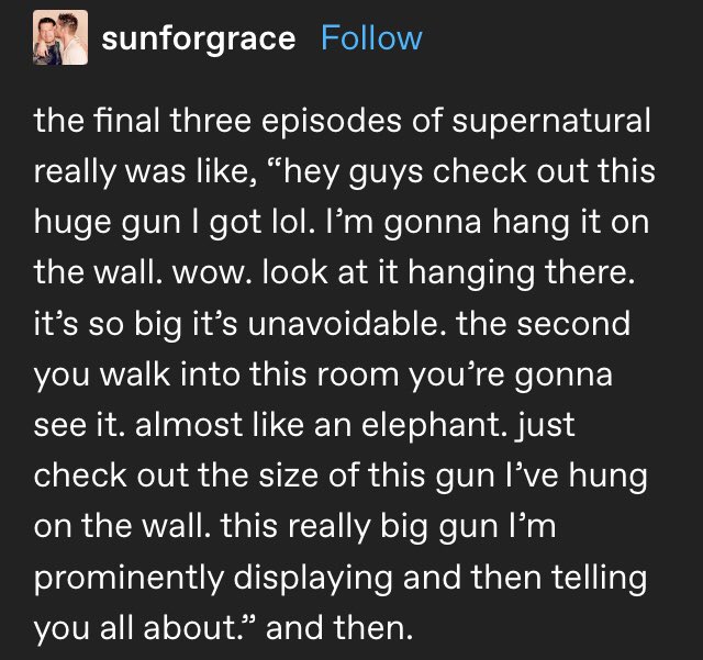 *burst through the wall like the Kool-Aid Man* Alright Hellers, we’re gonna have a thread about this post right here, Anton Chekhov, and how the finale doesn’t follow proper storytelling rules & thus has no rights.