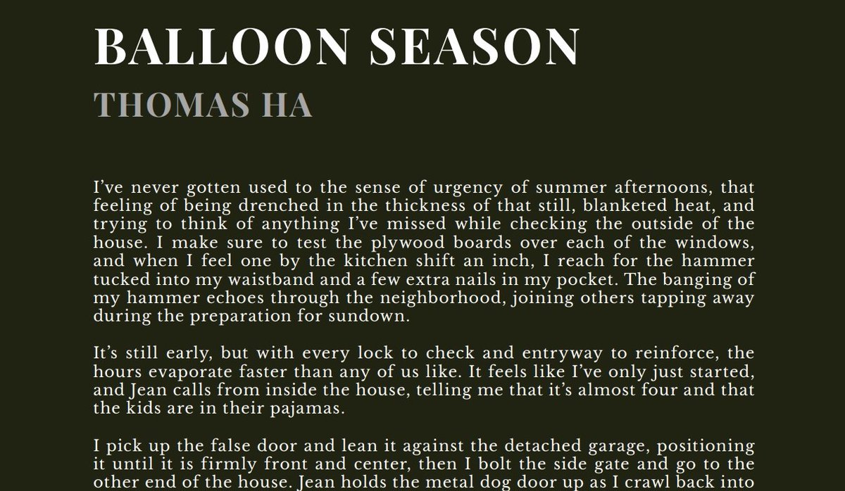 Check out the opening to "Balloon Season" by  @ThomasHaWrites in  https://www.fusionfragment.com/issue-3/&nbsp;. 13/
