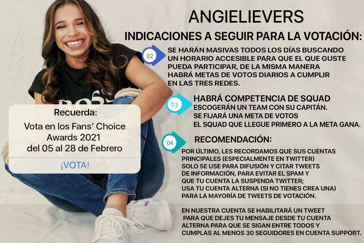 ⚠️ANGIELIEVERS⚠️
Hoy a las 8:00 pm 🇲🇽🇭🇳 se abren las votaciones para los Fans Choice Awards donde nuestra Queen <a href="/Angiefloreshn/">Angie Flores 💙🎶💜</a>  está nominada en la Categoría Urbano Juvenil
🔹 Estas son las indicaciones a seguir 
🔹 RT para Difundir
🔹 Puedes compartir en otras redes sociales