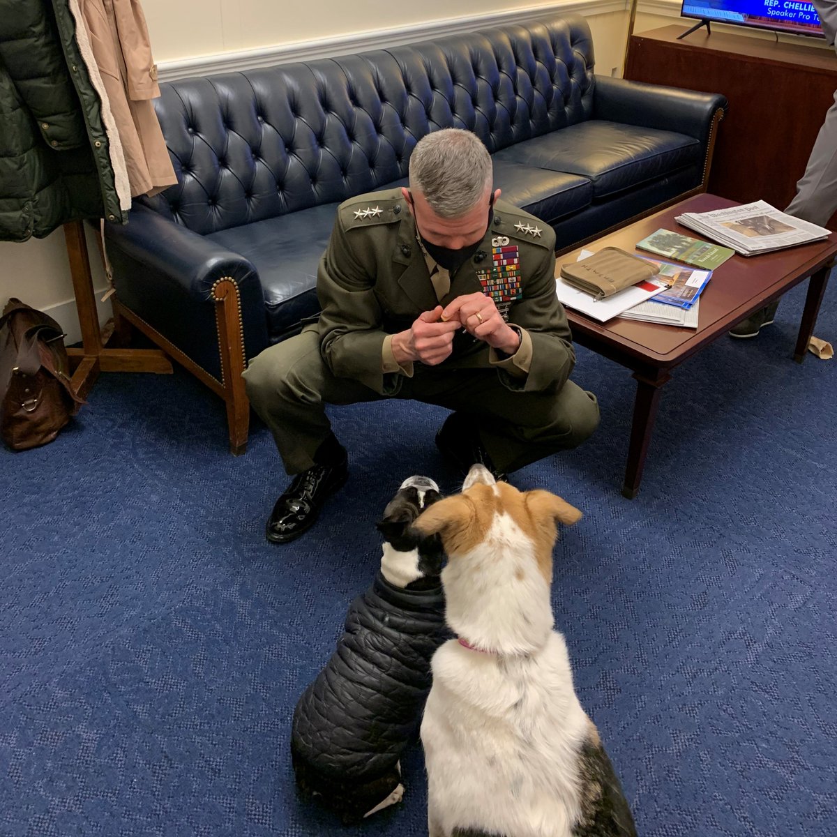 RepNancyMace's tweet photo. Lt. General Eric Smith stopped by my office earlier today to talk the future of @USMC.
Of course, he couldn't get past the doorway without Daisy and Oreo demanding all of the attention. ππΆπΊπΈ #ItsAZoo #DogsOfCongress https://t.co/Mg5wffNc1Z