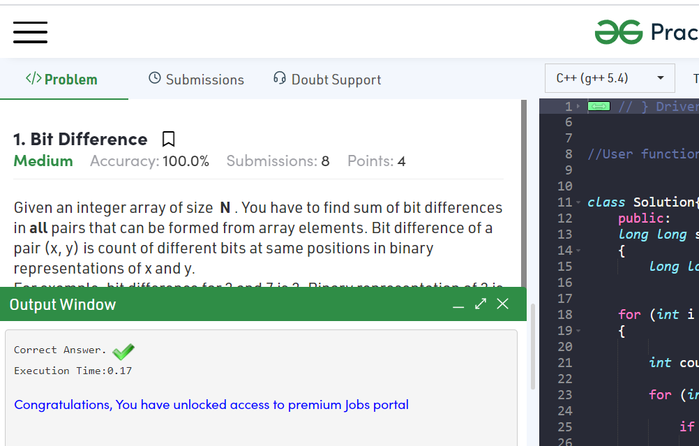 umang_537's tweet photo. Day 1️⃣1️⃣0️⃣0️⃣ Submission Done 🎉✅

@geeksforgeeks Thanks for this ques from Bit Manipulation !😁

And with this I've unlocked premium jobs portal 😅
 
#30daysofcodewithGFG #100DaysOfCode #coding #code #programmer #codinglife #WomenWhoCode #cppcode #bitmagic https://t.co/jtqbYeQwFA