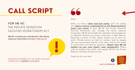 NMILC's tweet photo. The fight to end private detention in our state moves to the #nmleg House Judiciary Committee to be heard on MONDAY! While we wait, join us in calling committee representatives and demand they #passHB40 because its time #NM moves forward! https://t.co/XBsKV8efhd