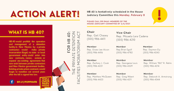 NMILC's tweet photo. The fight to end private detention in our state moves to the #nmleg House Judiciary Committee to be heard on MONDAY! While we wait, join us in calling committee representatives and demand they #passHB40 because its time #NM moves forward! https://t.co/XBsKV8efhd