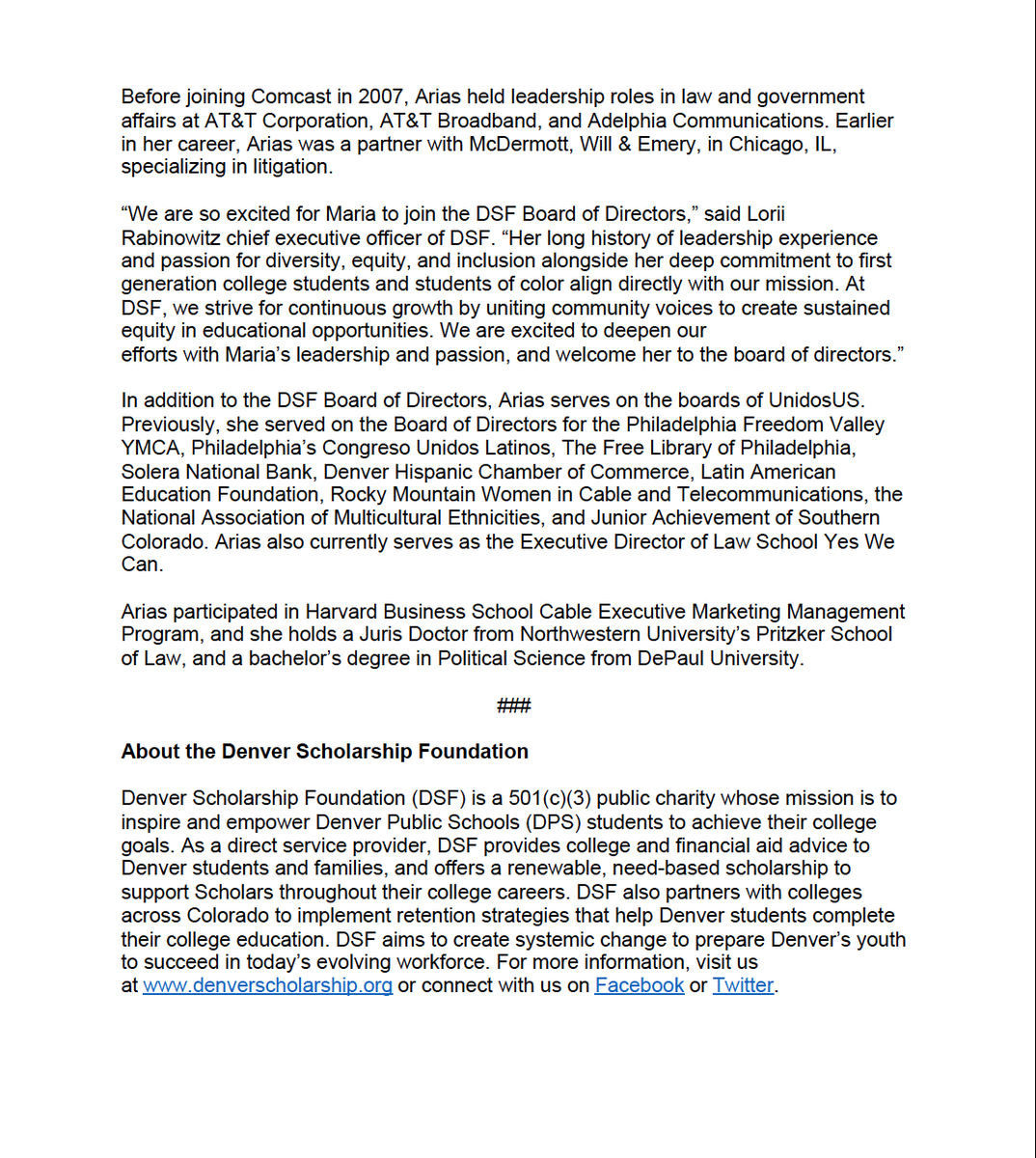 I'm honored and excited to serve as a new Board Member of the Denver Scholarship Foundation. DSF is a 501(c)(3) public charity whose mission is to inspire and empower Denver Public Schools (DPS) students to achieve their college goals. Press release below. #denver #collegegoals