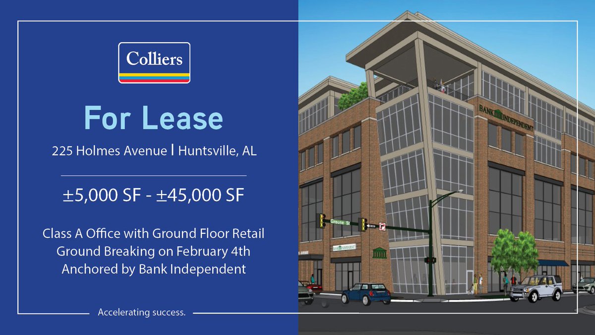 Colliers_AL's tweet photo. NOW PRE-LEASING at the new @225Holmes Ave #ClassAoffice building in downtown #Huntsville. 12K SF of #retail on ground floor and 45K SF of #officespace available.  Building anchored by @bibankal.  Contact David Garnett or Kyle Collins for more info. https://t.co/uhf4yr55z5 https://t.co/xSIAUfQacC