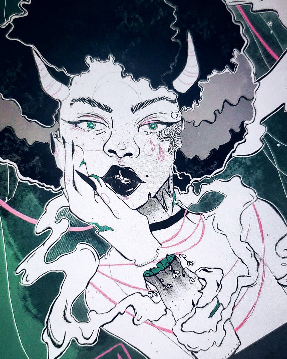 JuniperMoonArts's tweet photo. [Close-up] Spitting out help when it doesn’t suit me. Grasping at it’s turned back when the dagger hits me in my sleep. ✨🌪✨ Keep a look out for some merch of this piece.
 #art #artist #artwork #painting #illustration #mentalhealth #depression #anxiety #JuniperMoon #blackart https://t.co/BrQV2HFJFP