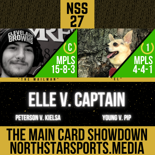 NSS_MN's tweet photo. The Main Card Showdown and #NSS27 are nearly upon us! In the Main Event we have a NSS 25 title rematch between @OwenElleMN and @Captain69420! The Co-Main will be a showcase between @DrewBPeterson and @NYKMELO715, and the featured bout will have Young dueling @ConnorPip! https://t.co/CpGGcPsr0s