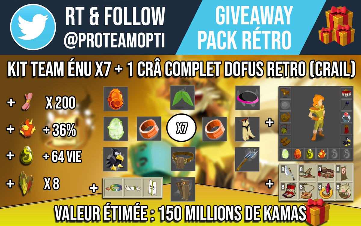 ProTeamOpti's tweet image. ✨GIVEAWAY PACK TEAM ENU COMPLET✨

A gagner sur Rétro d'une valeur de 150M~

- 8 Panoplies BL📈
- Stuff 1 Crâ + 7 énus✅
- Dofus Pourpre &amp;amp; Emeraude🔥
- 5 Millions de kamas cash 🪙
- &amp;amp; autres !

=&amp;gt; Pour participer : RT + Follow @ProTeamOpti 

Bonne chance à tous !🍀

+ D'infos⬇️