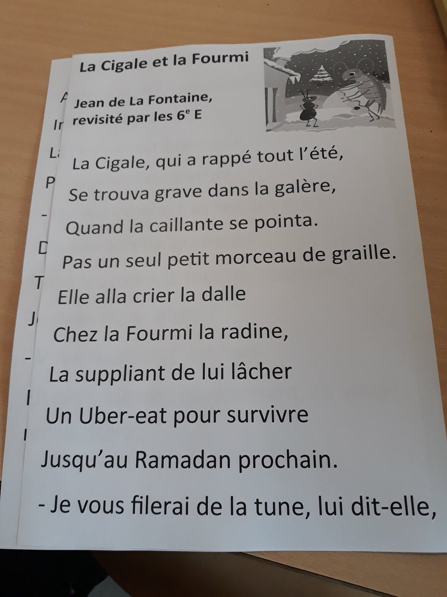 Asoliloutre's tweet photo. Mes élèves de 6e ont réécrit à leur sauce la cigale et la fourmi et elle est tellement mieux que l'originale https://t.co/lvxsoOQdXM