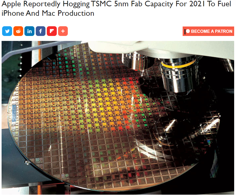 This means customers now have an incentive to move away from  $INTC Get a better product and/or cost $AAPL moved to  $TSM with their design with the M1 for MacOthers will probably follow especially if the gap widens $AMD can be even more competitive https://hothardware.com/news/apple-hogging-tsmc-5nm-fab-capacity-2021-iphone-mac-production
