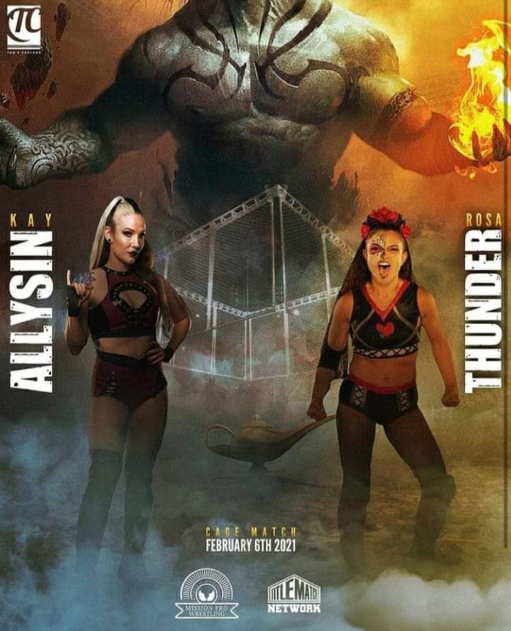 MissionProWres's tweet image. This Cage Match will be decided only by Pinfall,  Submission or Knockout within a 30 minute Time Limit! @thunderrosa22 @Sienna #mpwwishesgranted Watch on Titlematchnetwork.com