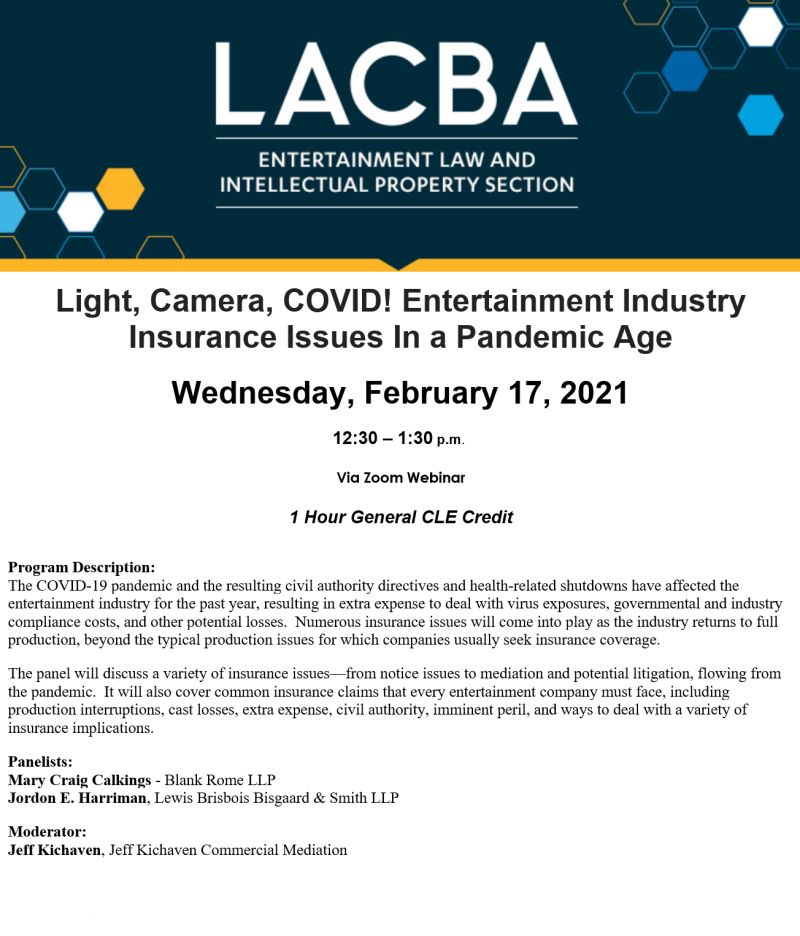 ELIPS_LACBA's tweet photo. Join us for a discussion about insurance issues that will come into play as the entertainment industry returns to full production. Our panel will discuss notice issues flowing from the pandemic, and ways to deal with insurance implications.

Sign up at: https://t.co/Rj3yA7gxzS https://t.co/3IcizhiXwc