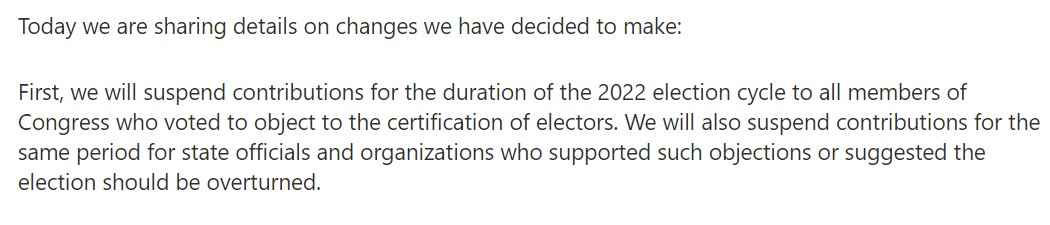 2. This next part is important.  @Microsoft will also "suspend contributions for the same period for state officials and organizations who supported such objections or suggested the election should be overturned." https://popular.info/p/three-major-corporations-say-they