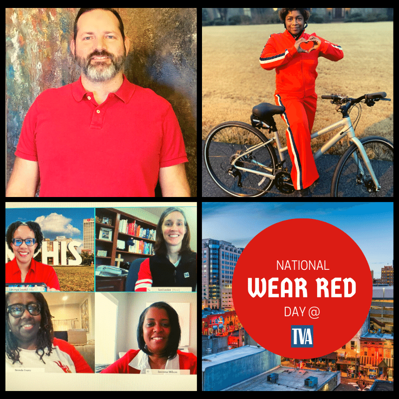 TVA_Julia's tweet photo. Noticed lots of people wearing red today?  National Wear Red Day (2/5) raises awareness about cardiovascular disease.  TVA employees are wearing red to share their support.  #RedDay https://t.co/T9DUtMMR84