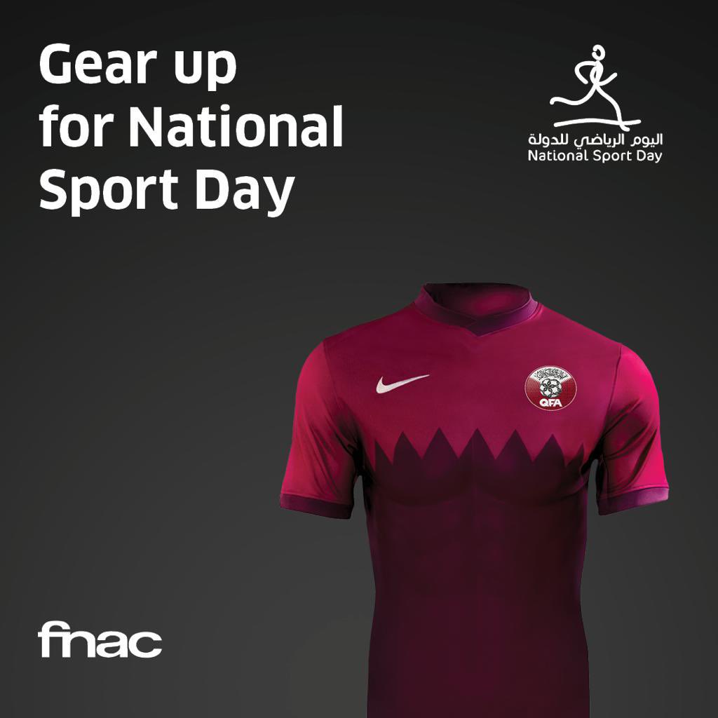 Twitter 上的Qatar Football Association："Gear up and safely celebrate Qatar  National Sports Day while representing the National Team. Shop the latest National  Team jerseys and merchandise now at FNAC Lagoona Mall, or