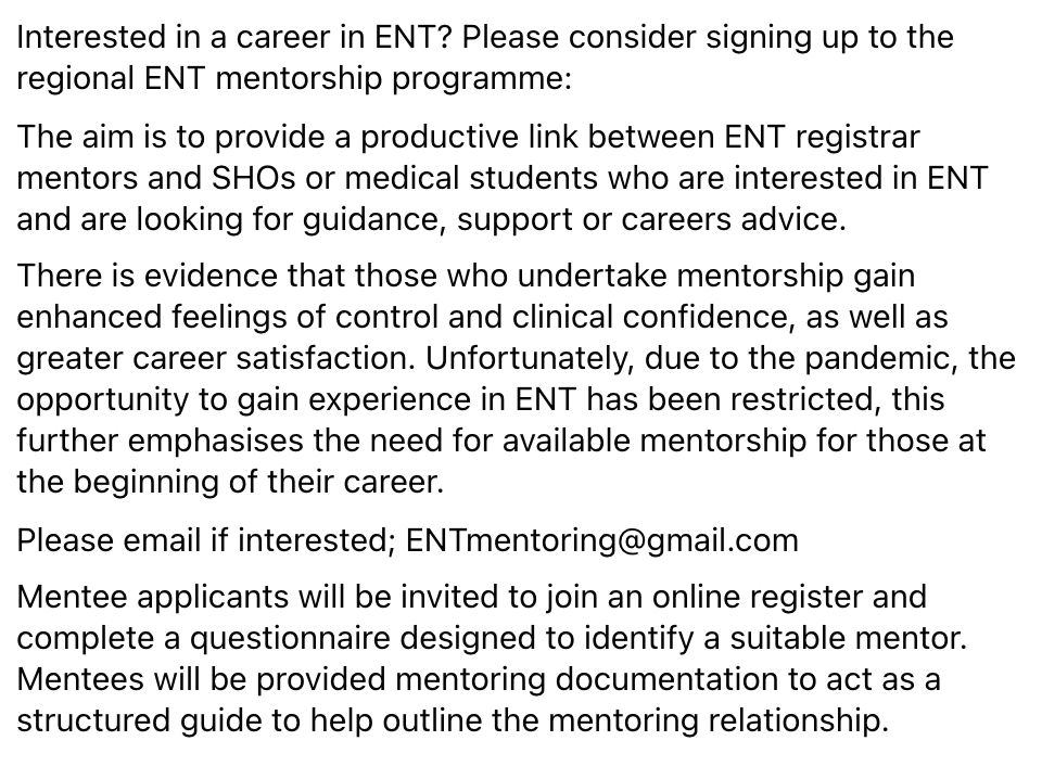 Interested in a career in ENT? Please read the post below and e-mail ENTmentoring@gmail.com for more information <a href="/RoryHouston34/">Rory Houston</a>