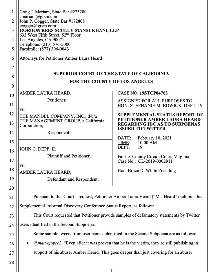 LauraBockov's tweet photo. Update:  Johnny Depp vs Amber Heard (California)
Amber Heard filed a Status Report (Dear Judge can I please have my way). In her report, she identified a few tweets. https://t.co/cYH8TzSd9j