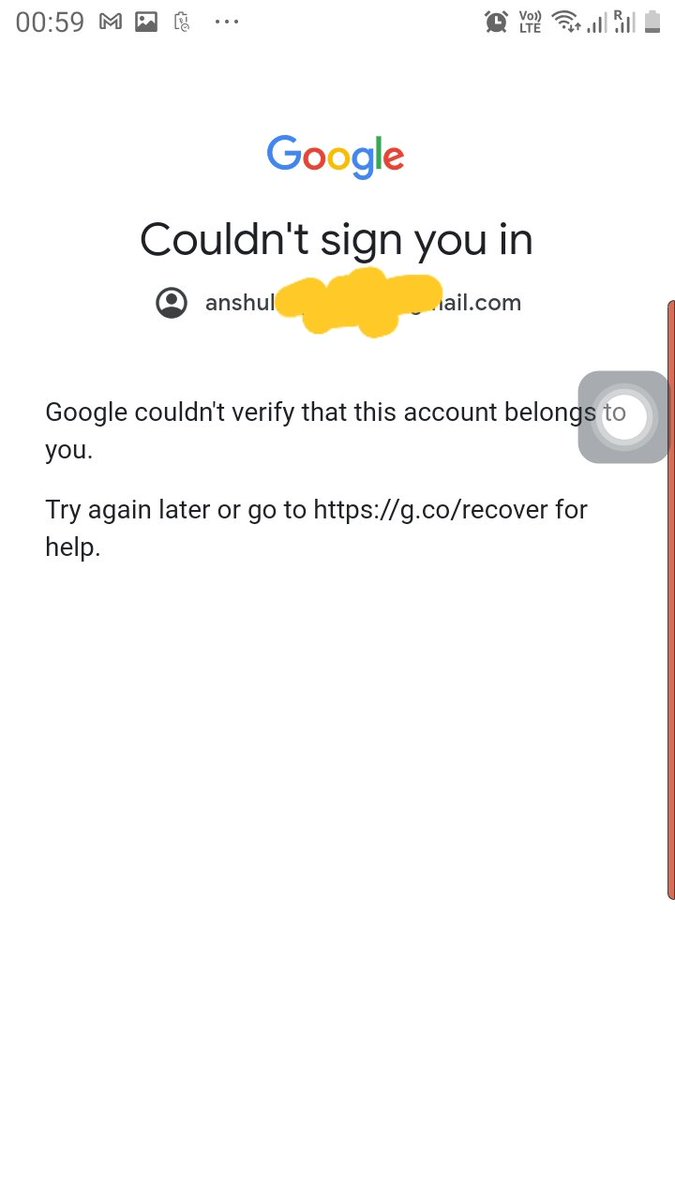 kapila_anshul's tweet photo. @Google @gmail @sundarpichai @googlestudents @googledrive @GoogleIndia
This message I got now "Google couldn't verify you" . After receiving the OTP on registered phone and recovery email.
Assist me. It's been so many days. Help @Google
#HelpMeGoogle
#HelpMeMr_SundarPichai https://t.co/1eMNGyD7Fa