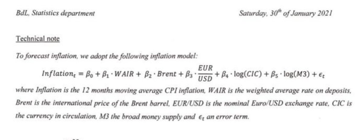 1/ This is the “inflation forecast” formula used by BDL to convince donor countries to sell dollars to it for 6,240 LBP and not higher. As  @AndyKhalil1 says below, the methodology is flawed. Some observations from the two of us:  https://twitter.com/andykhalil1/status/1357764762088701954