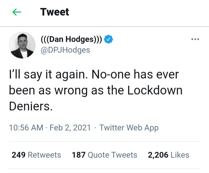 1. Since coining the term 'Lockdown Denier,'  @DPJHodges has been (over)using it to attack anyone who even dares question whether the benefit is worth the cost, most notably  @ClarkeMicah &  @JuliaHB1 As you can see, he's a staunch supporter of the lockdown 