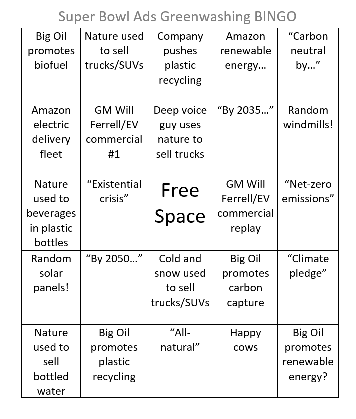 emeraldology's tweet photo. Tuning in to #SuperBowlLV this Sunday? 

Use our Super Bowl Ads Greenwashing BINGO sheet to track which advertisers use climate/nature to sell products that aren't really #sustainable or #ecofriendly.

Tag us in a post of your filled out card! https://t.co/CKp0DUklaM