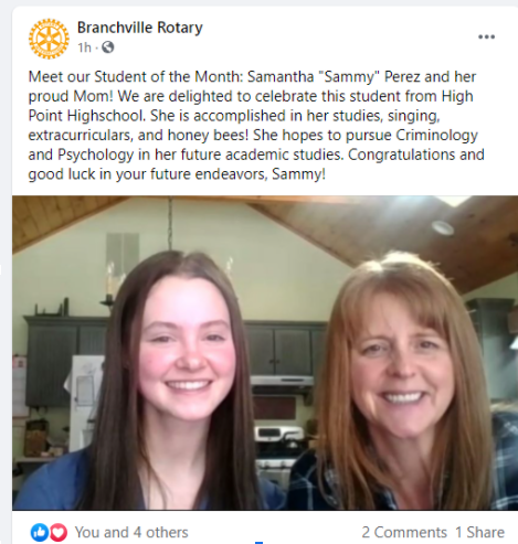Congratulations to Sammy Perez for being honored as the Student of the Month at the Rotary Club of Branchville meeting today!