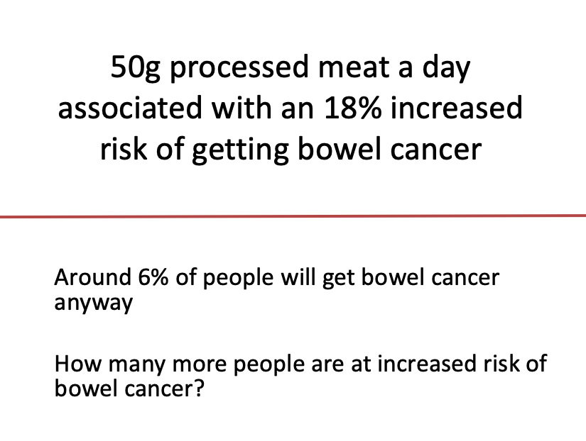 First an intro to the problem. A practical example is probably best here. Take a look at the image. How many more people are at increased risk bowel cancer?