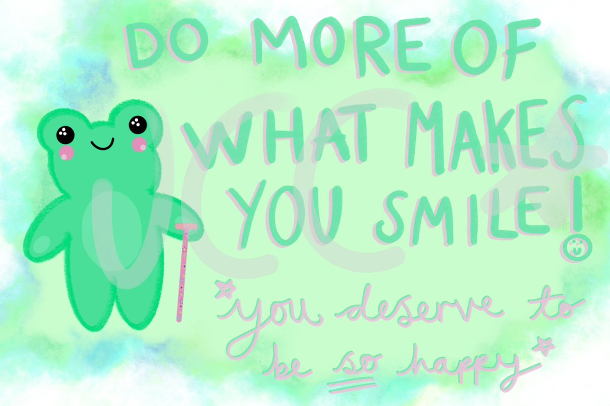 A drawing of Maribel, a digitally illustrated with a walking cane. Maribel is green and has twinkly eyes. She has rosy cheeks and a big smile on her face. Her cane is pink with tiny colourful flowers. The background of the picture is green with blue galaxy border and the font reads “do more of what makes you smile! *you deserve to be happy*”.